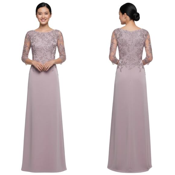 La Femme Light Mauve Jersey Gown Lace Bodice Boat Neck Long Dress Size 12 NWT - Picture 1 of 9